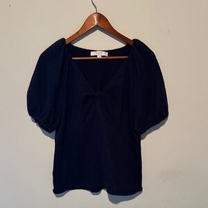 LOFT Dark Blue Textured Puff Sleeve Blouse